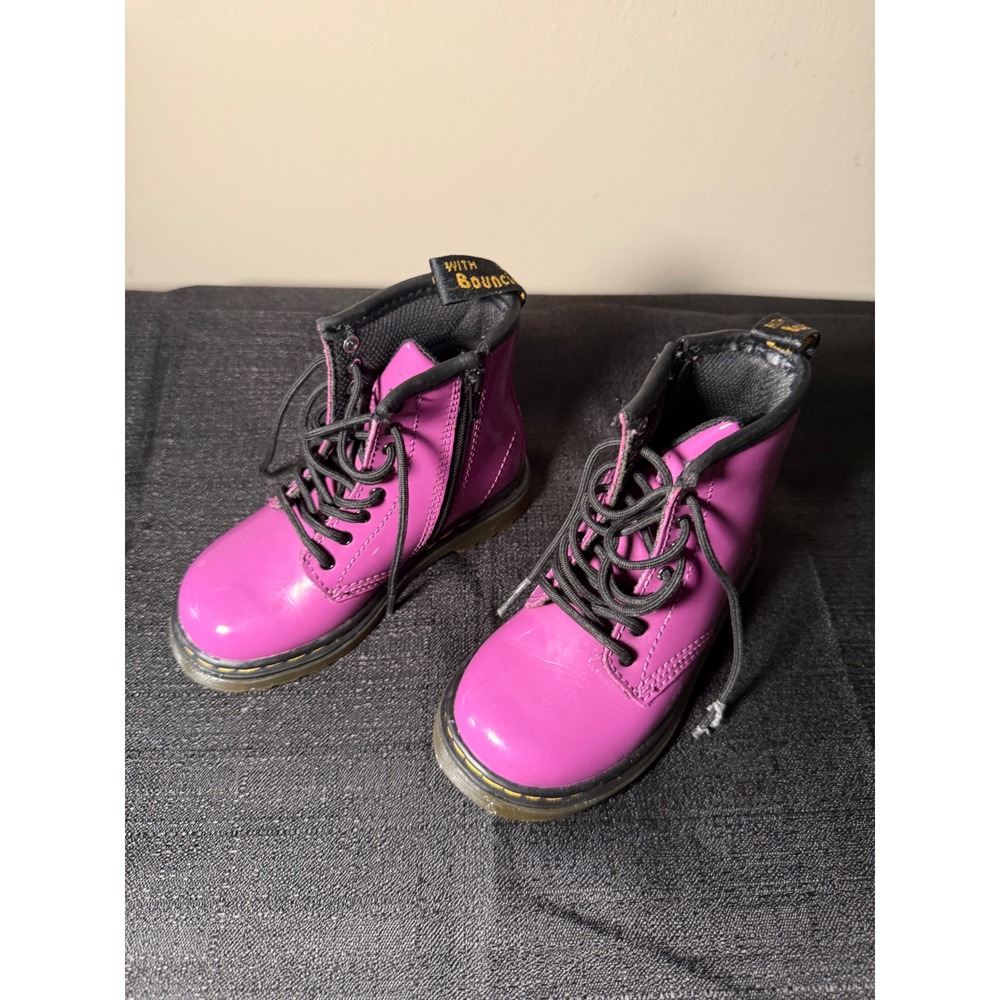 Dr. Martens Kids Delaney Pink Patent Leather Lace Up Side Zip Boots 1460 Style